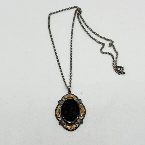 Vtg LS Peterson Mourning Pendant Sterling 14k Yellow Rose Gold Black Necklace - Picture 9 of 13